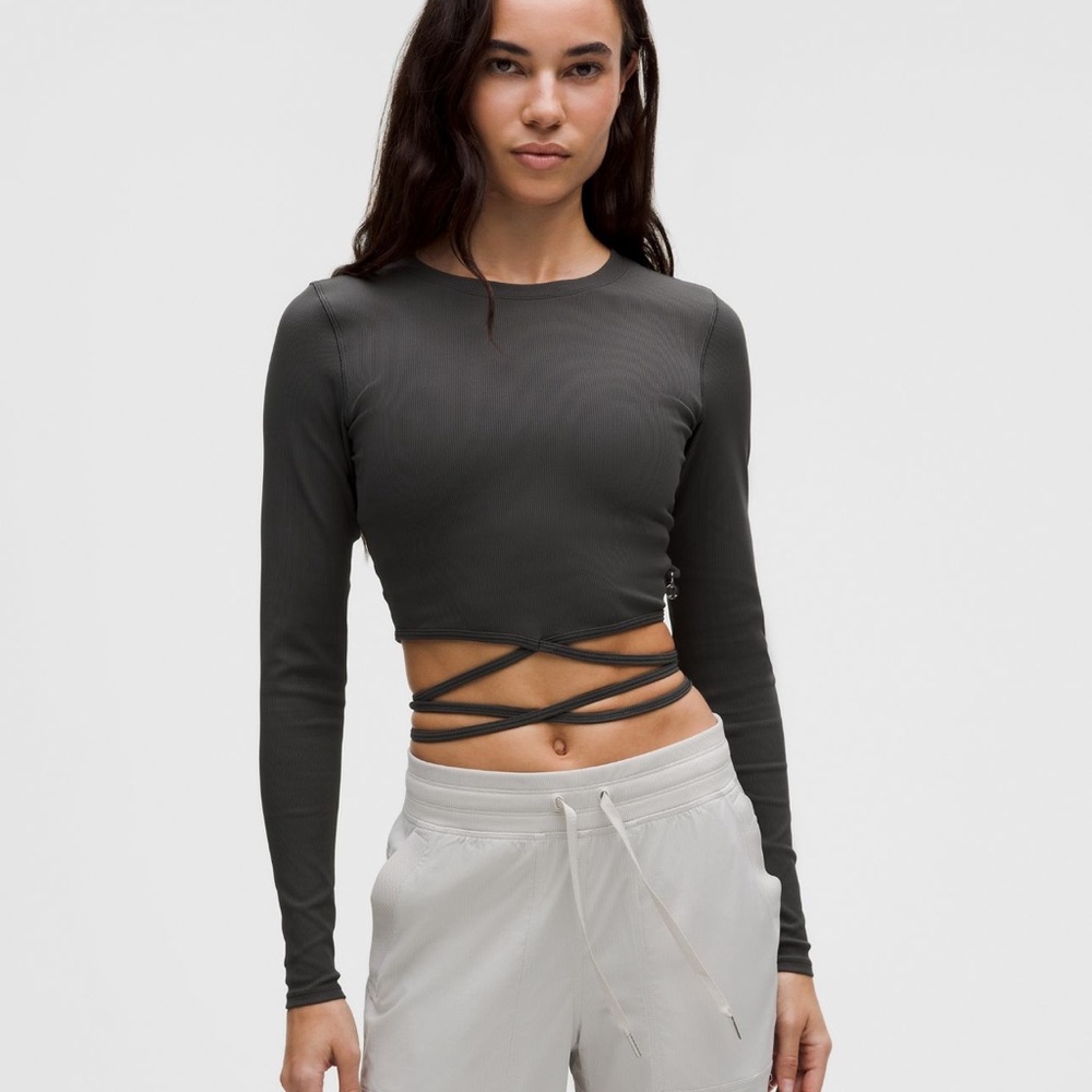 NWT Lululemon Logo Charm Ribbed Waist-Tie Long-Sleeve Shirt Size 2 Graphite Grey